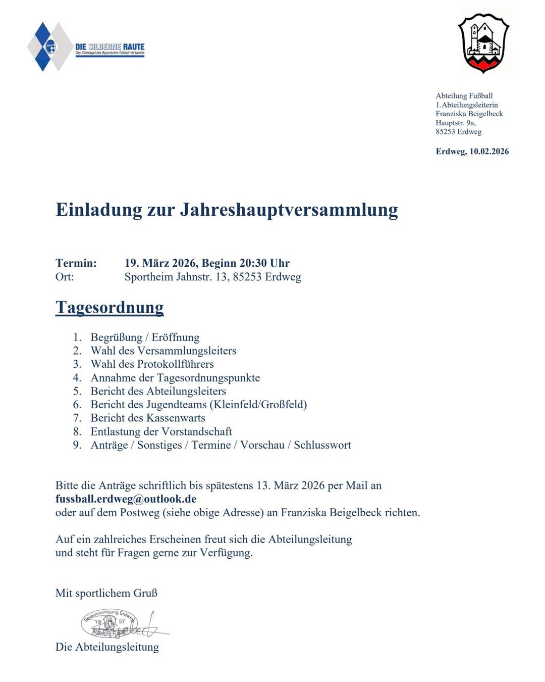 Einladung zur Jahreshauptversammlung